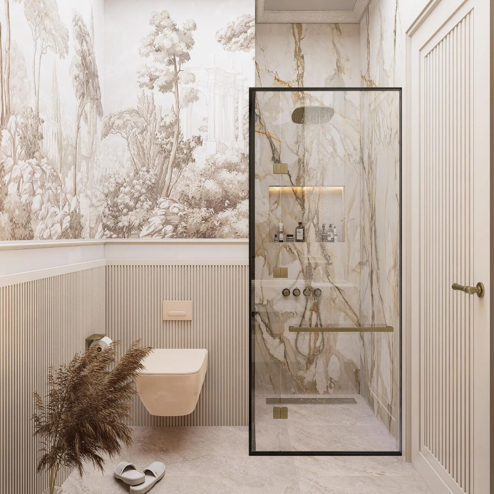 3B banyo tasarımı: desenli duvar kağıdı ve camlı duş