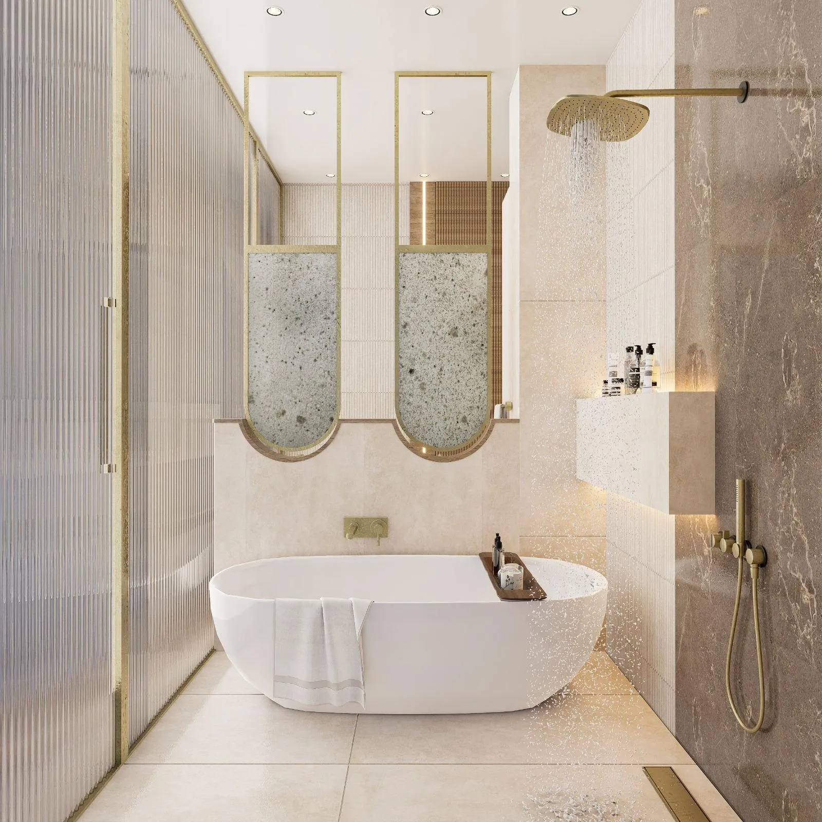 3B banyo tasarımı: ayaklı küvet, oval aynalar ve bej mermer duvar