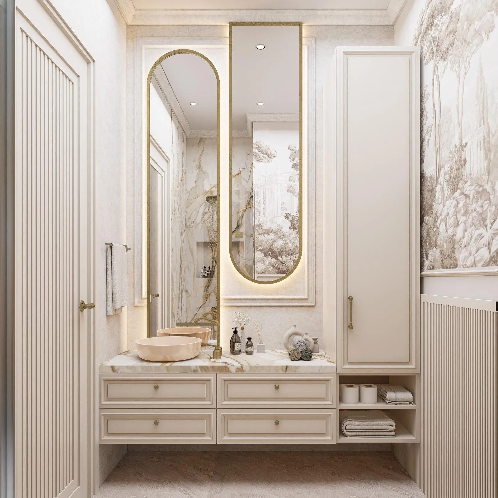 3B banyo tasarımı: çift lavabolu dolap ve oval ayna